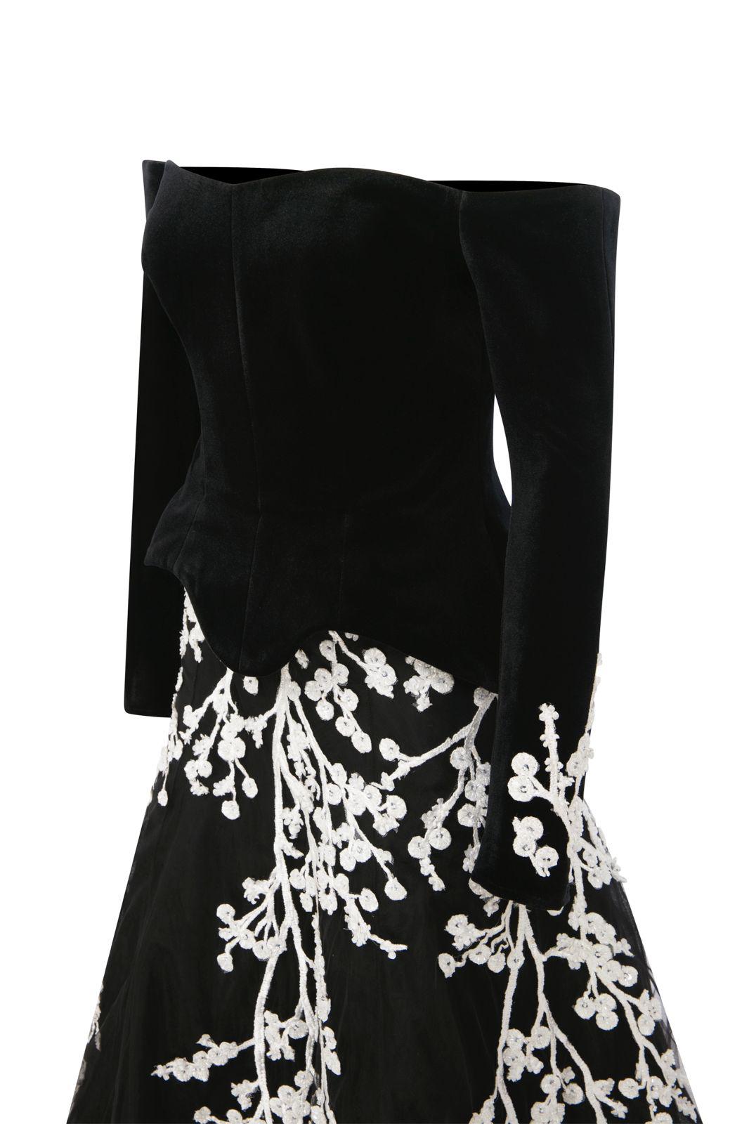 Li Beirut M1115 – Off-Shoulder Velvet Bodice Gown with Ivory Floral Embroidered Tulle Skirt