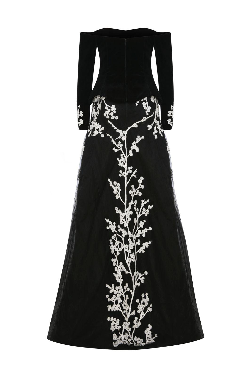 Li Beirut M1115 – Off-Shoulder Velvet Bodice Gown with Ivory Floral Embroidered Tulle Skirt