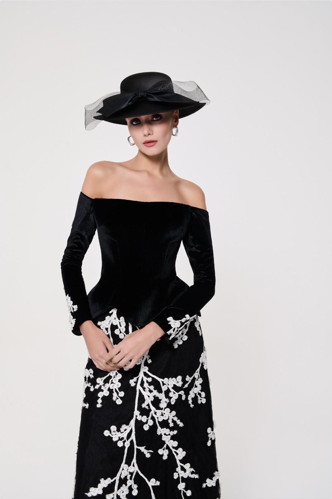 Li Beirut M1115 – Off-Shoulder Velvet Bodice Gown with Ivory Floral Embroidered Tulle Skirt