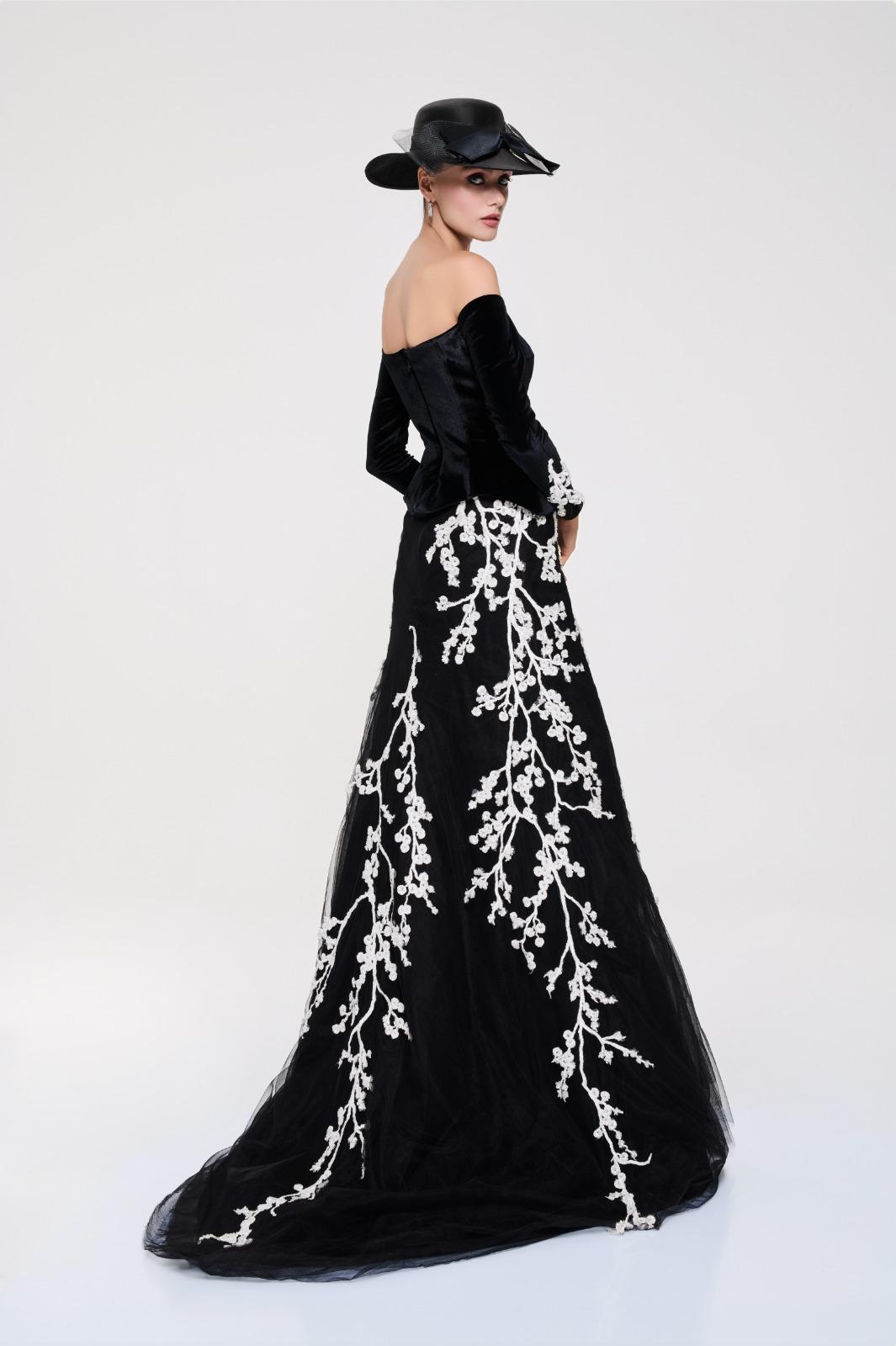 Li Beirut M1115 – Off-Shoulder Velvet Bodice Gown with Ivory Floral Embroidered Tulle Skirt