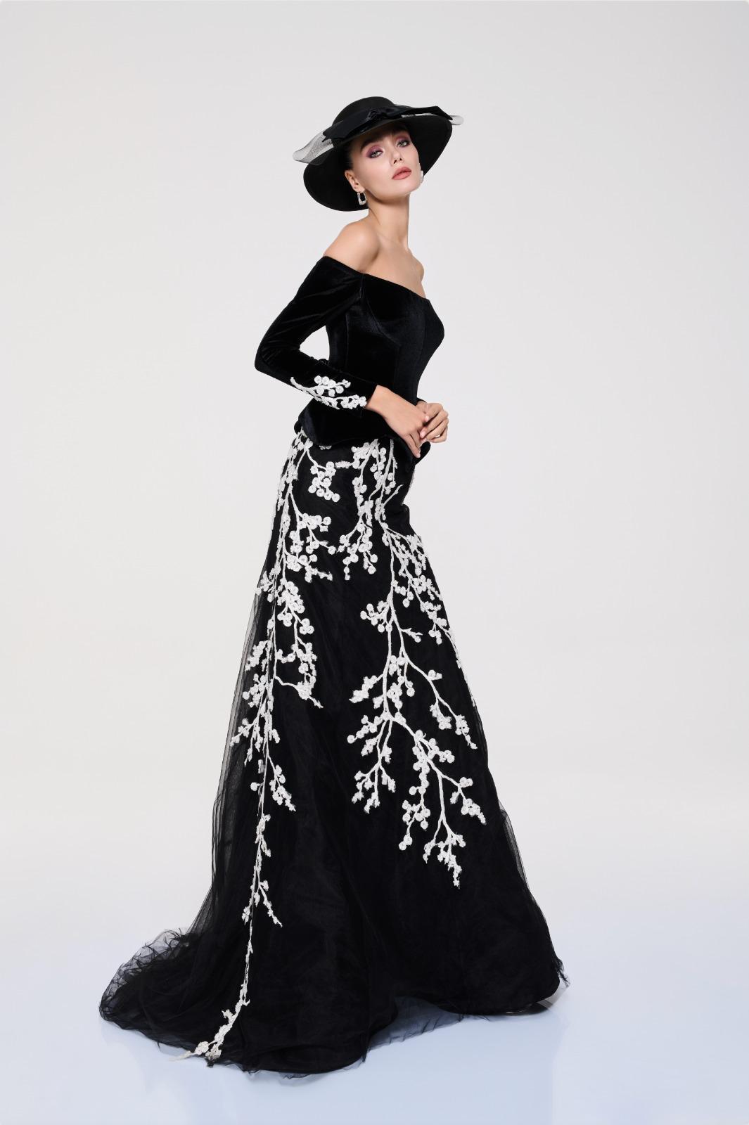 Li Beirut M1115 – Off-Shoulder Velvet Bodice Gown with Ivory Floral Embroidered Tulle Skirt