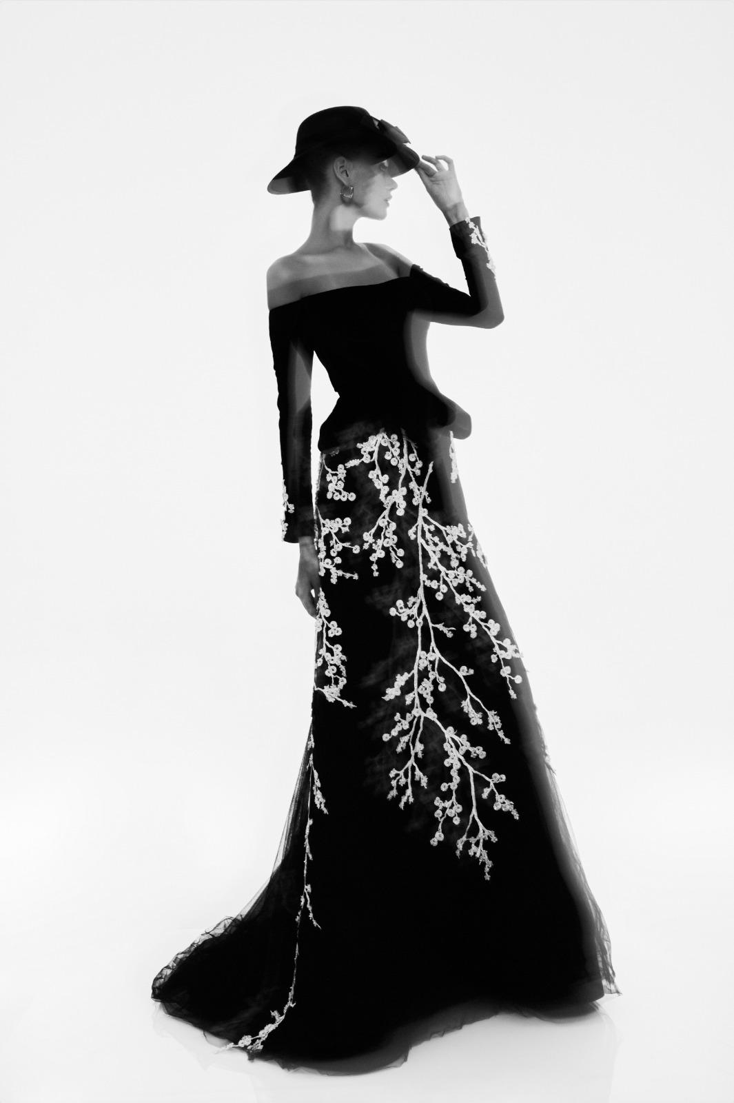 Li Beirut M1115 – Off-Shoulder Velvet Bodice Gown with Ivory Floral Embroidered Tulle Skirt