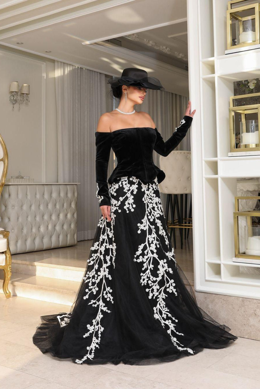 Li Beirut M1115 – Off-Shoulder Velvet Bodice Gown with Ivory Floral Embroidered Tulle Skirt