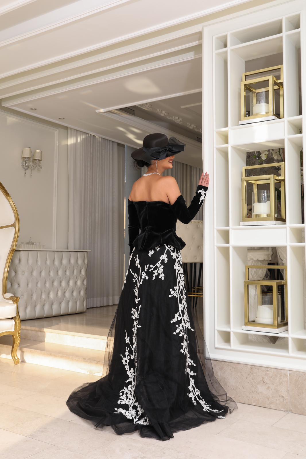 Li Beirut M1115 – Off-Shoulder Velvet Bodice Gown with Ivory Floral Embroidered Tulle Skirt