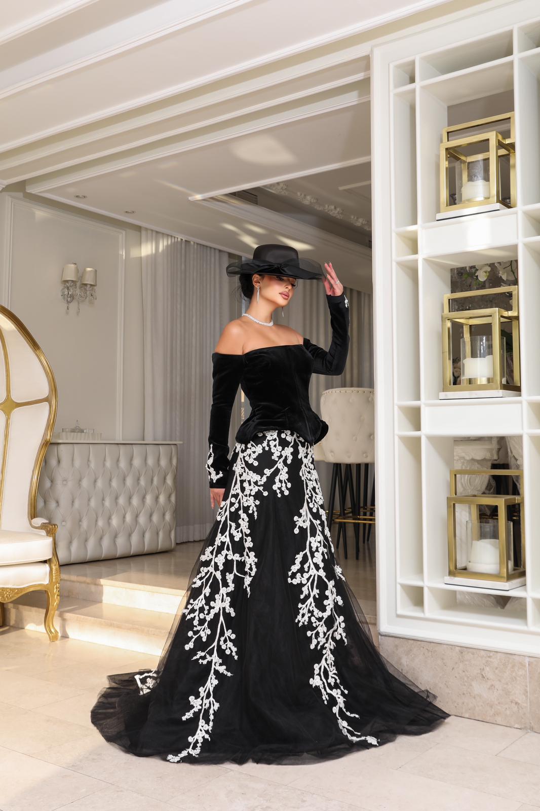 Li Beirut M1115 – Off-Shoulder Velvet Bodice Gown with Ivory Floral Embroidered Tulle Skirt