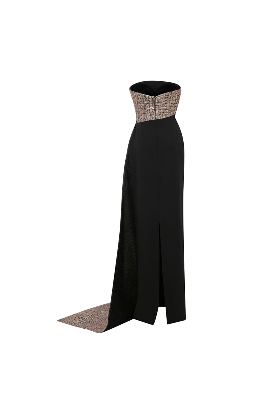 Li Beirut M1116 – Strapless Beaded Column Gown with Asymmetric Neckline & Sheer Train