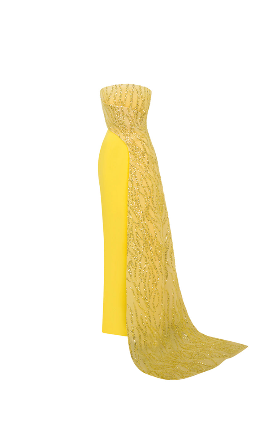 Li Beirut M1116 – Strapless Beaded Column Gown with Asymmetric Neckline & Sheer Train