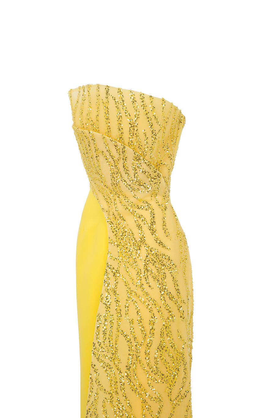 Li Beirut M1116 – Strapless Beaded Column Gown with Asymmetric Neckline & Sheer Train