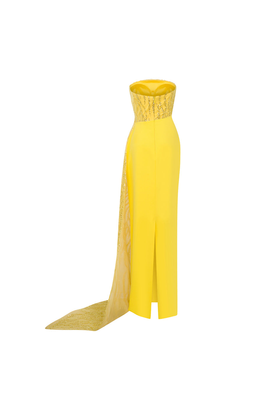 Li Beirut M1116 – Strapless Beaded Column Gown with Asymmetric Neckline & Sheer Train