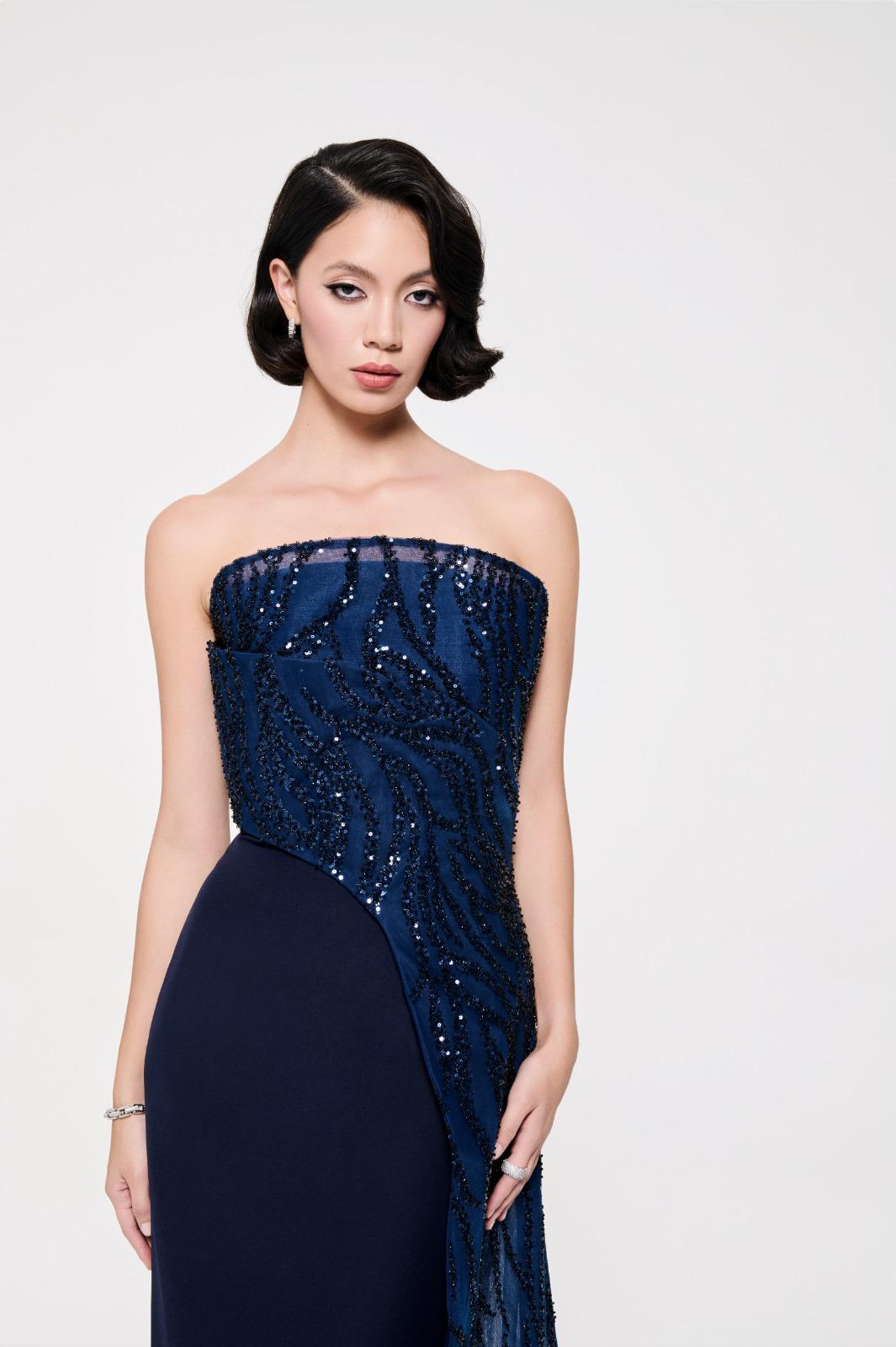 Li Beirut M1116 – Strapless Beaded Column Gown with Asymmetric Neckline & Sheer Train