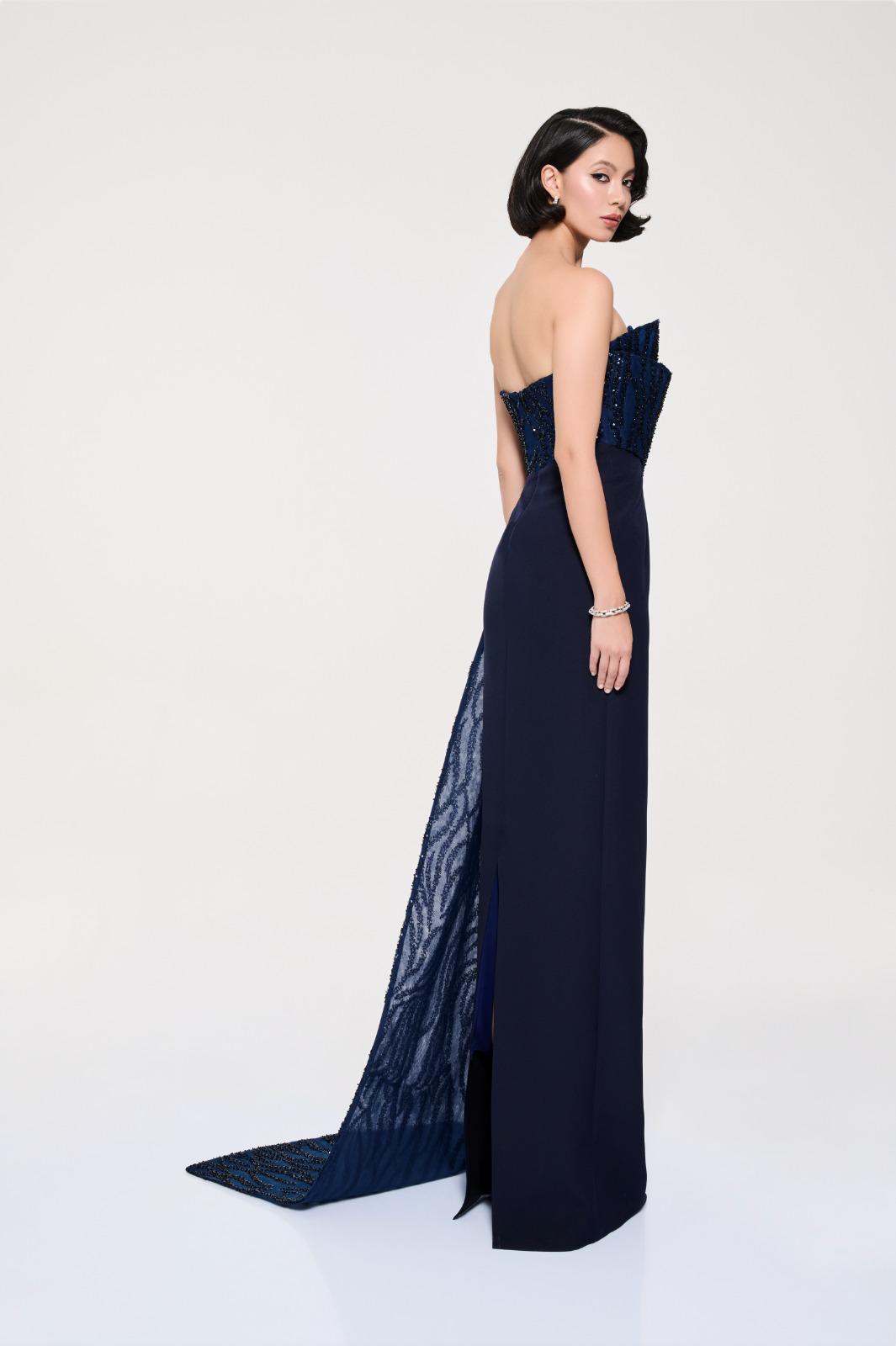 Li Beirut M1116 – Strapless Beaded Column Gown with Asymmetric Neckline & Sheer Train