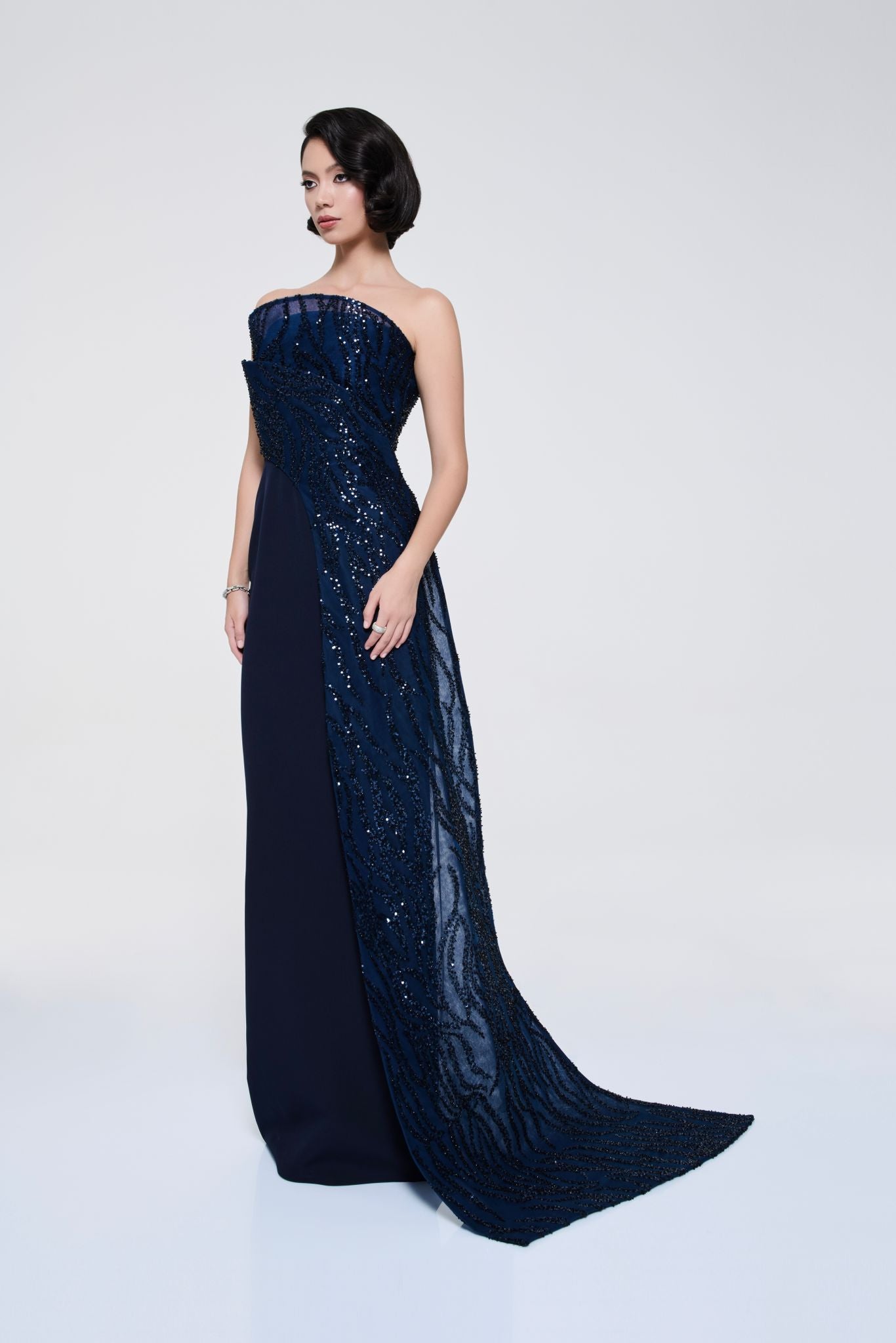 Li Beirut M1116 – Strapless Beaded Column Gown with Asymmetric Neckline & Sheer Train