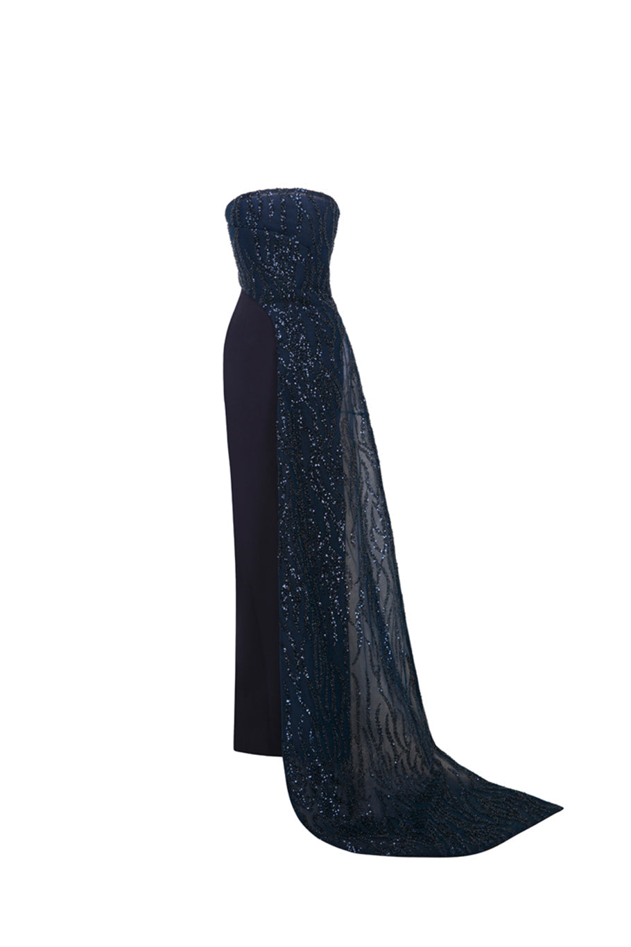 Li Beirut M1116 – Strapless Beaded Column Gown with Asymmetric Neckline & Sheer Train
