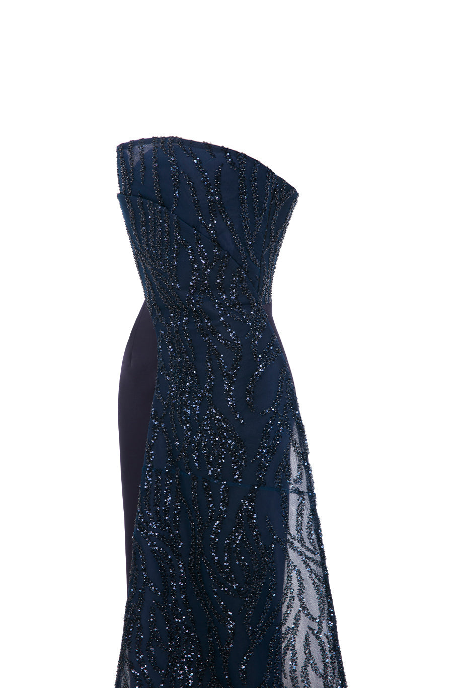 Li Beirut M1116 – Strapless Beaded Column Gown with Asymmetric Neckline & Sheer Train
