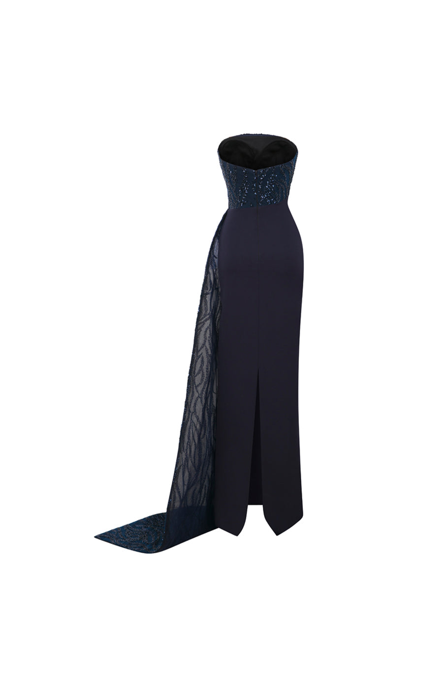 Li Beirut M1116 – Strapless Beaded Column Gown with Asymmetric Neckline & Sheer Train