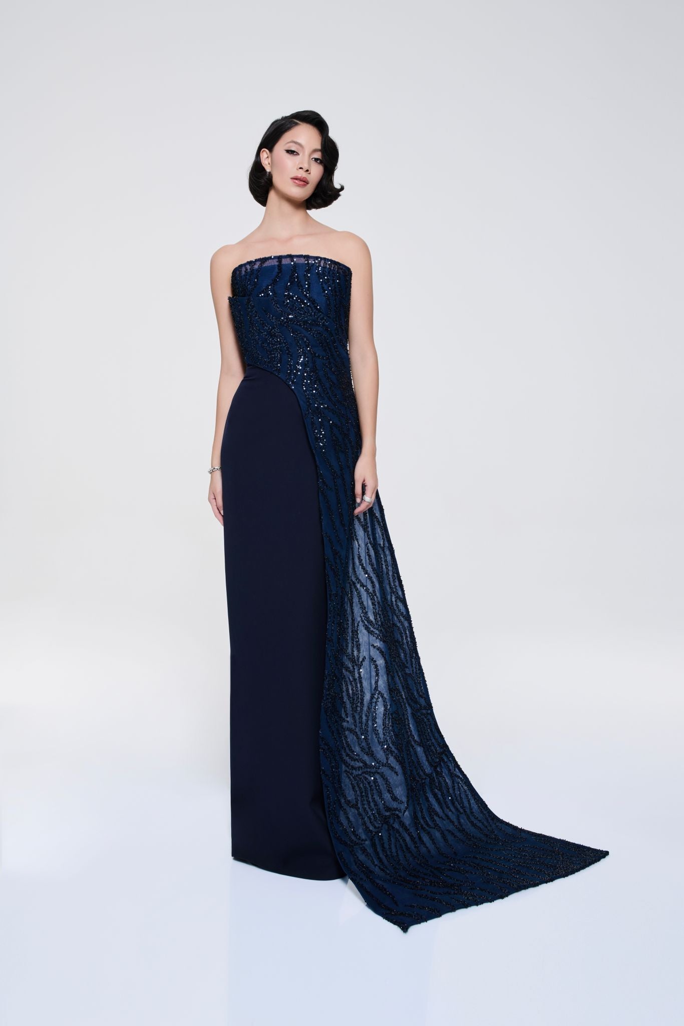 Li Beirut M1116 – Strapless Beaded Column Gown with Asymmetric Neckline & Sheer Train