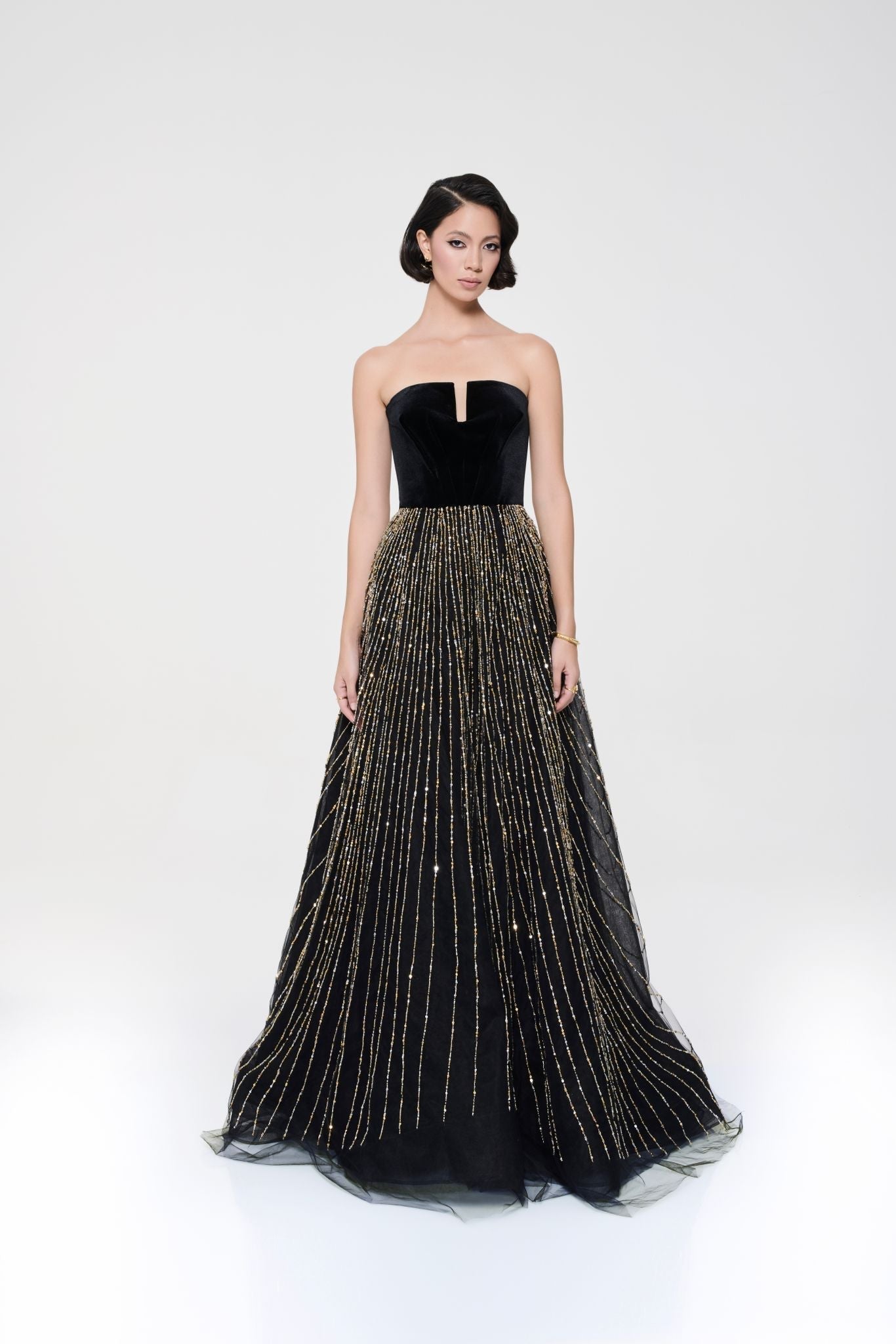 Li Beirut M1118 – Black Velvet & Gold Beaded Evening Gown with Embellished Cape
