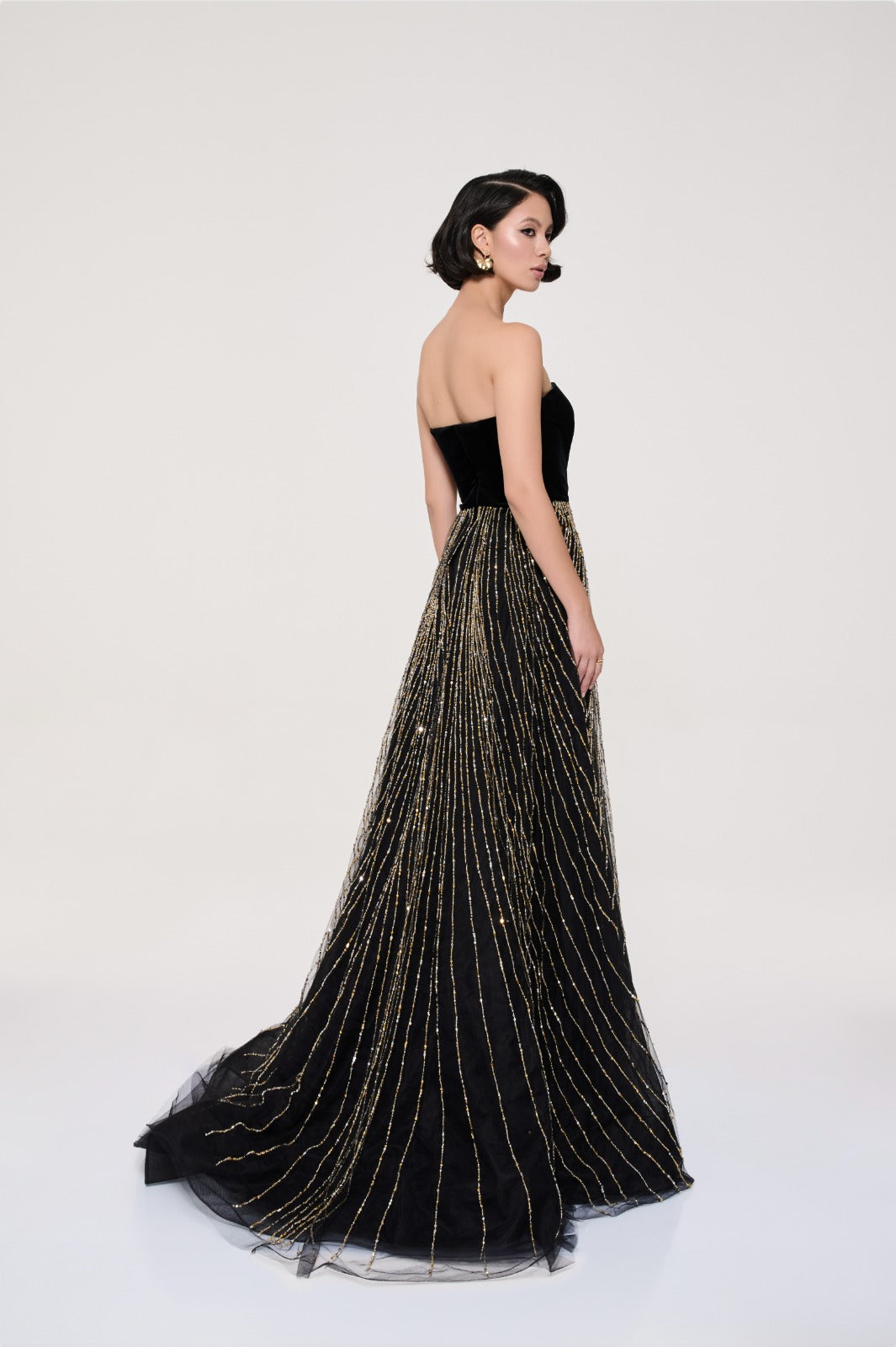 Li Beirut M1118 – Black Velvet & Gold Beaded Evening Gown with Embellished Cape