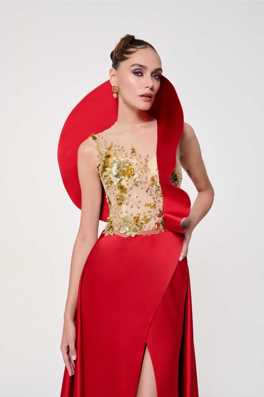 Li Beirut M1119 – Illusion Bodice Evening Gown with Sculpted Shoulder & Satin Skirt