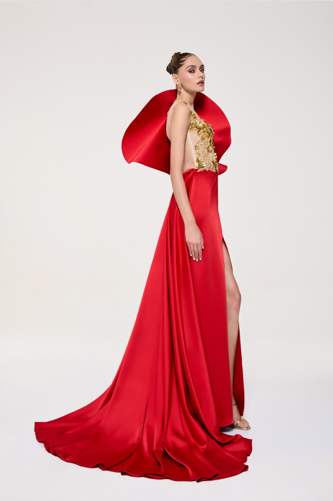 Li Beirut M1119 – Illusion Bodice Evening Gown with Sculpted Shoulder & Satin Skirt