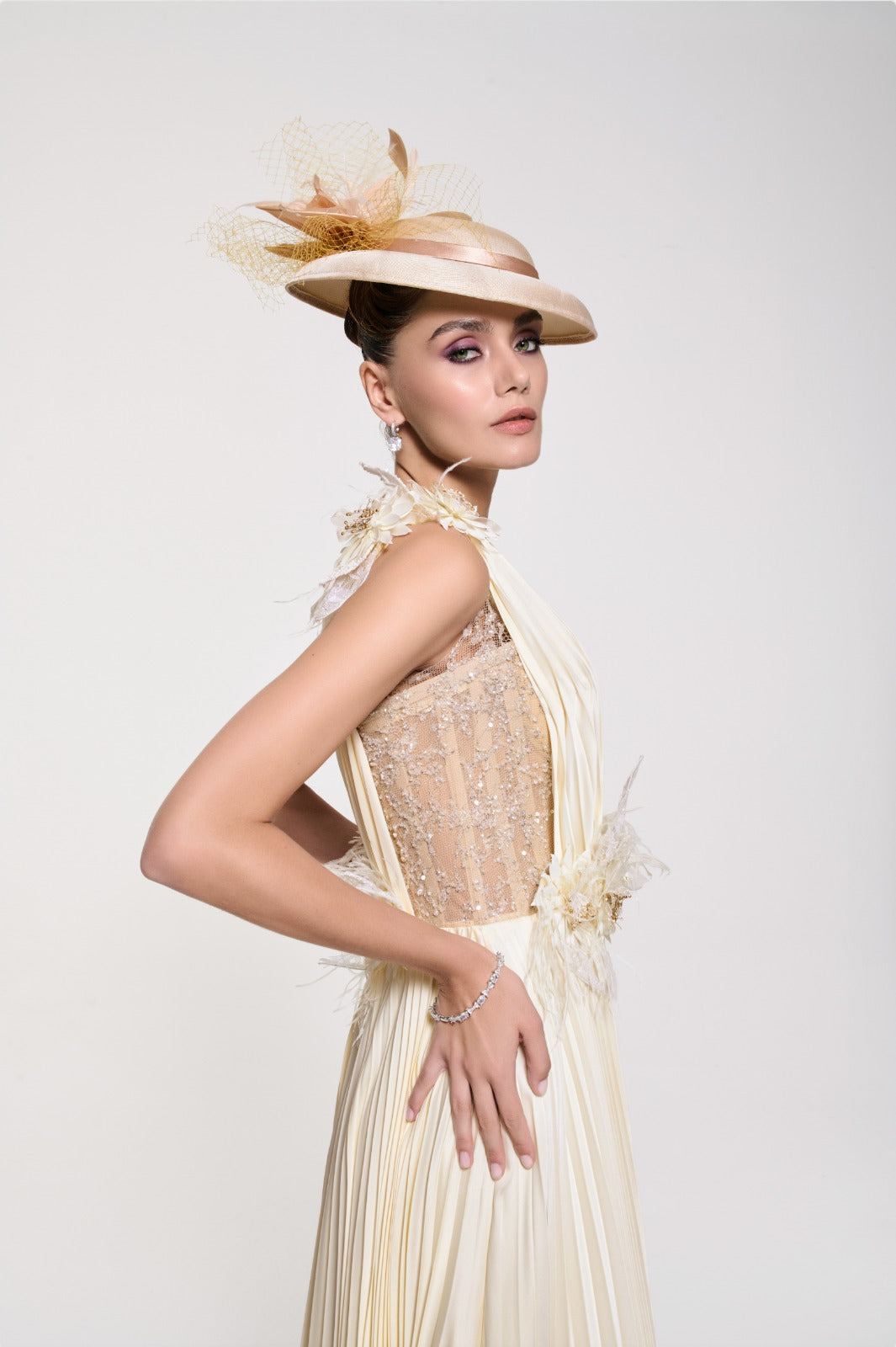 Li Beirut M1120 – Ivory V-Neck Pleated Chiffon Gown with Floral Waist Detail