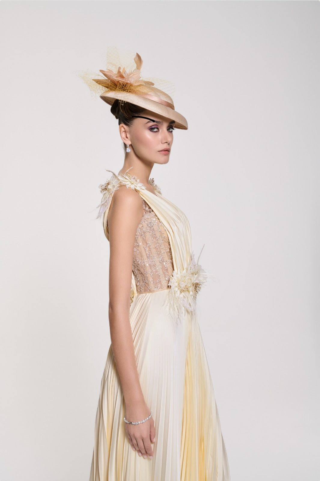Li Beirut M1120 – Ivory V-Neck Pleated Chiffon Gown with Floral Waist Detail