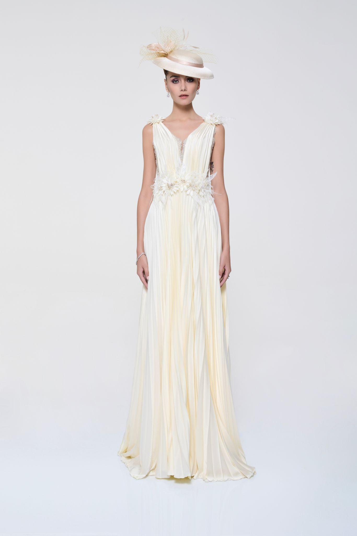 Li Beirut M1120 – Ivory V-Neck Pleated Chiffon Gown with Floral Waist Detail