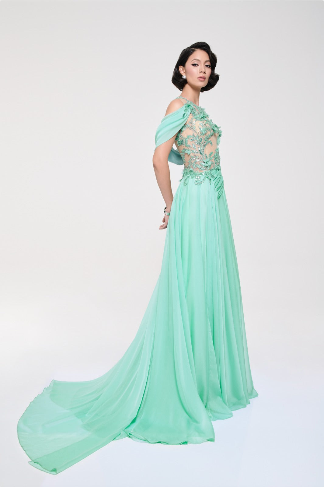 Li Beirut M1121 – Mint Illusion High-Neck Gown with 3D Floral Embroidery & Chiffon Skirt