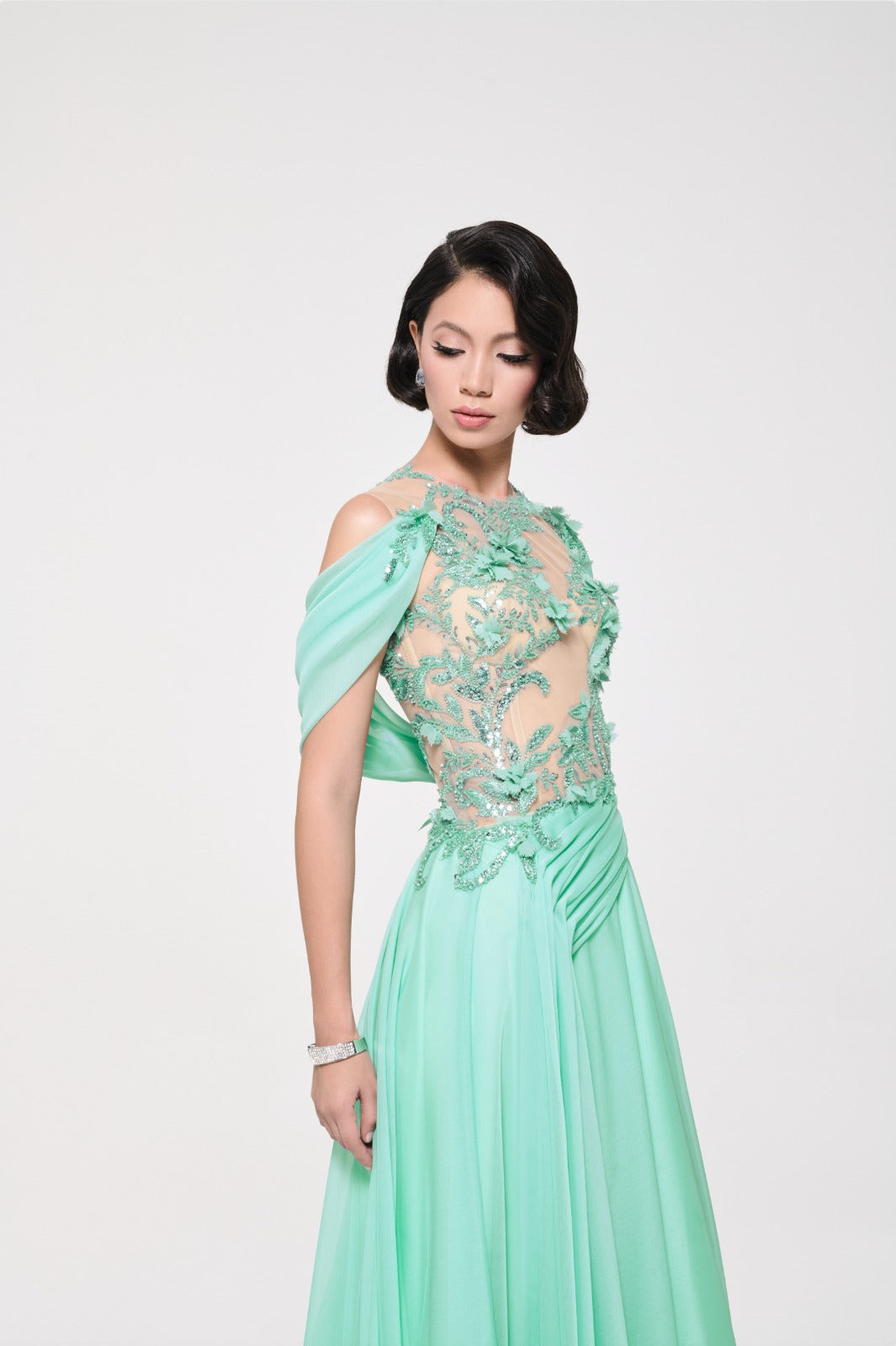 Li Beirut M1121 – Mint Illusion High-Neck Gown with 3D Floral Embroidery & Chiffon Skirt