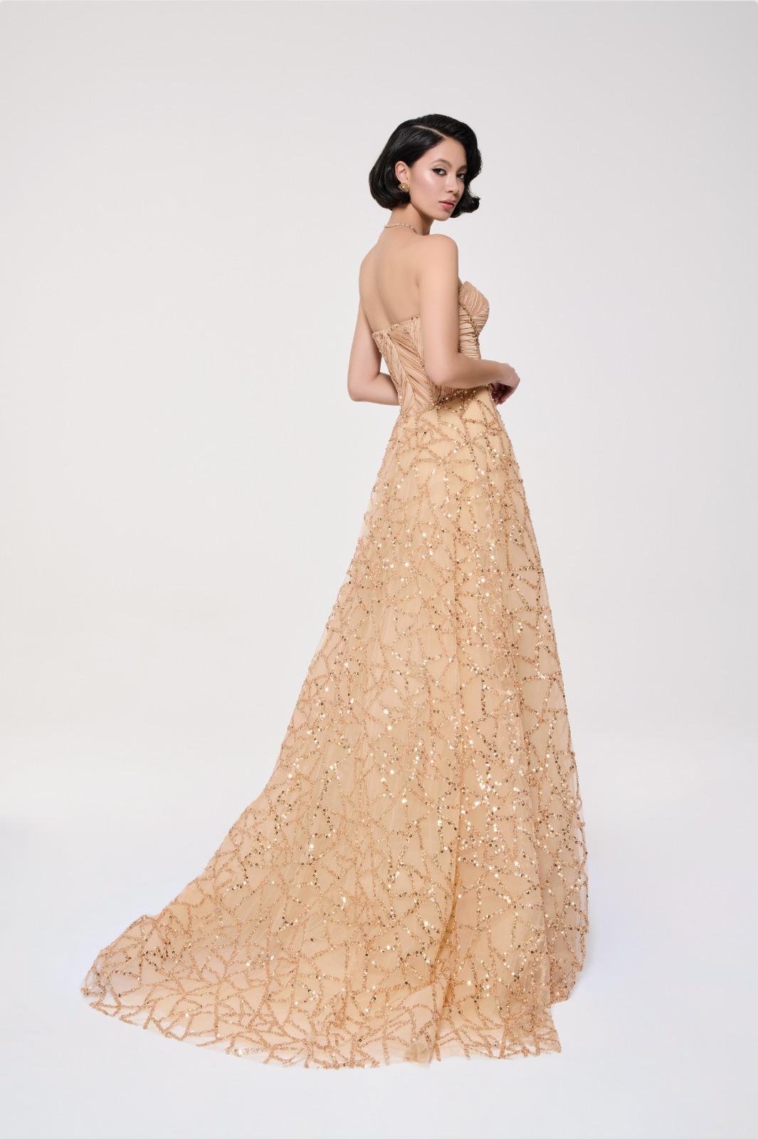 Li Beirut M1122 – Strapless Beaded Ball Gown with Pleated Bodice & Sweeping Train