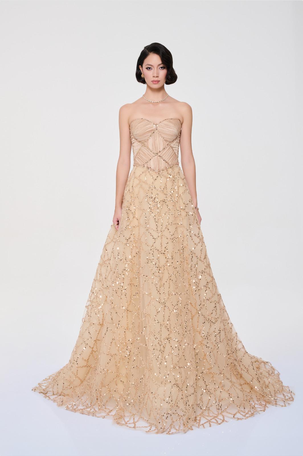 Li Beirut M1122 – Strapless Beaded Ball Gown with Pleated Bodice & Sweeping Train
