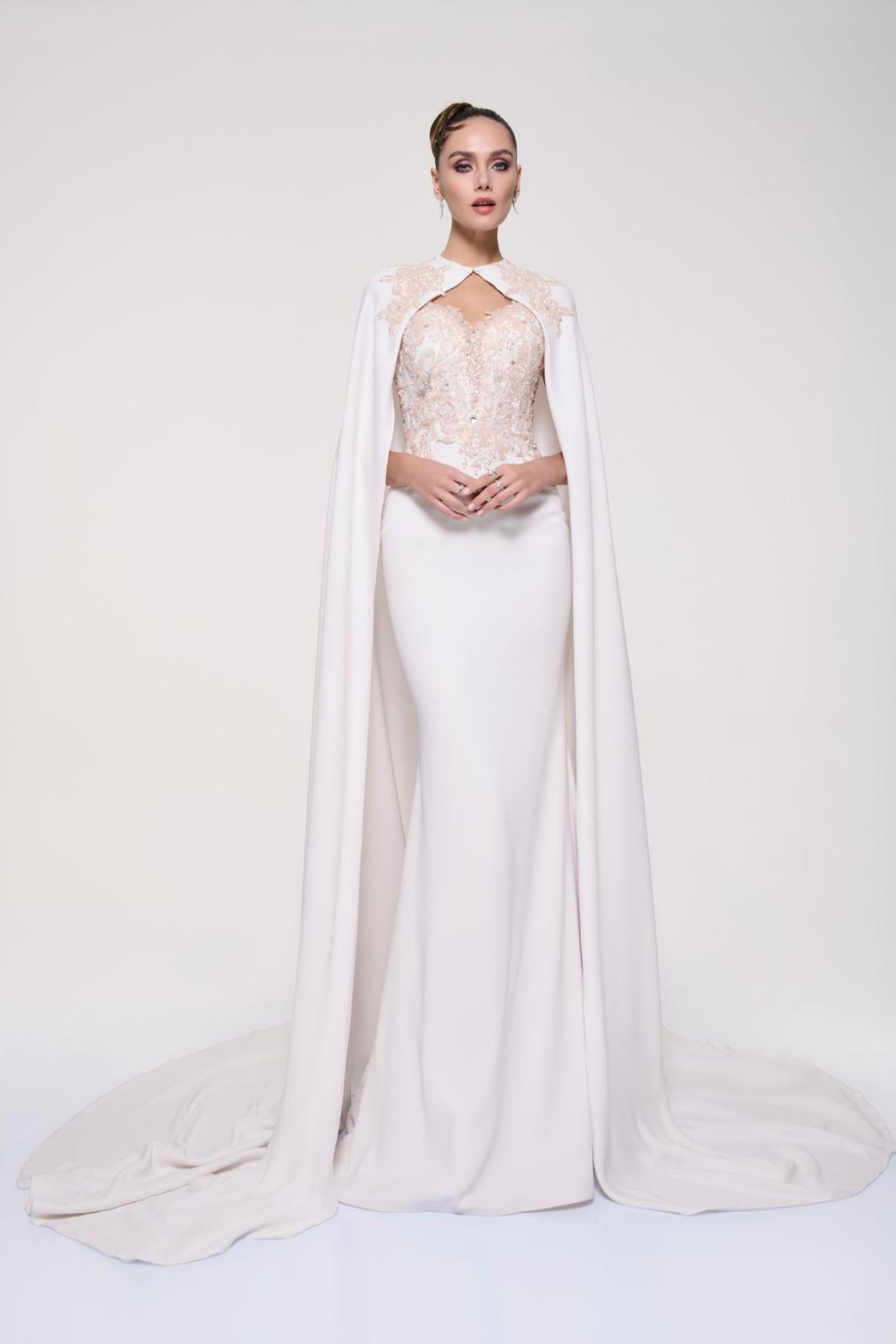 Li Beirut M1123 – Ivory Strapless Lace Mermaid Gown with Floor-Length Cape