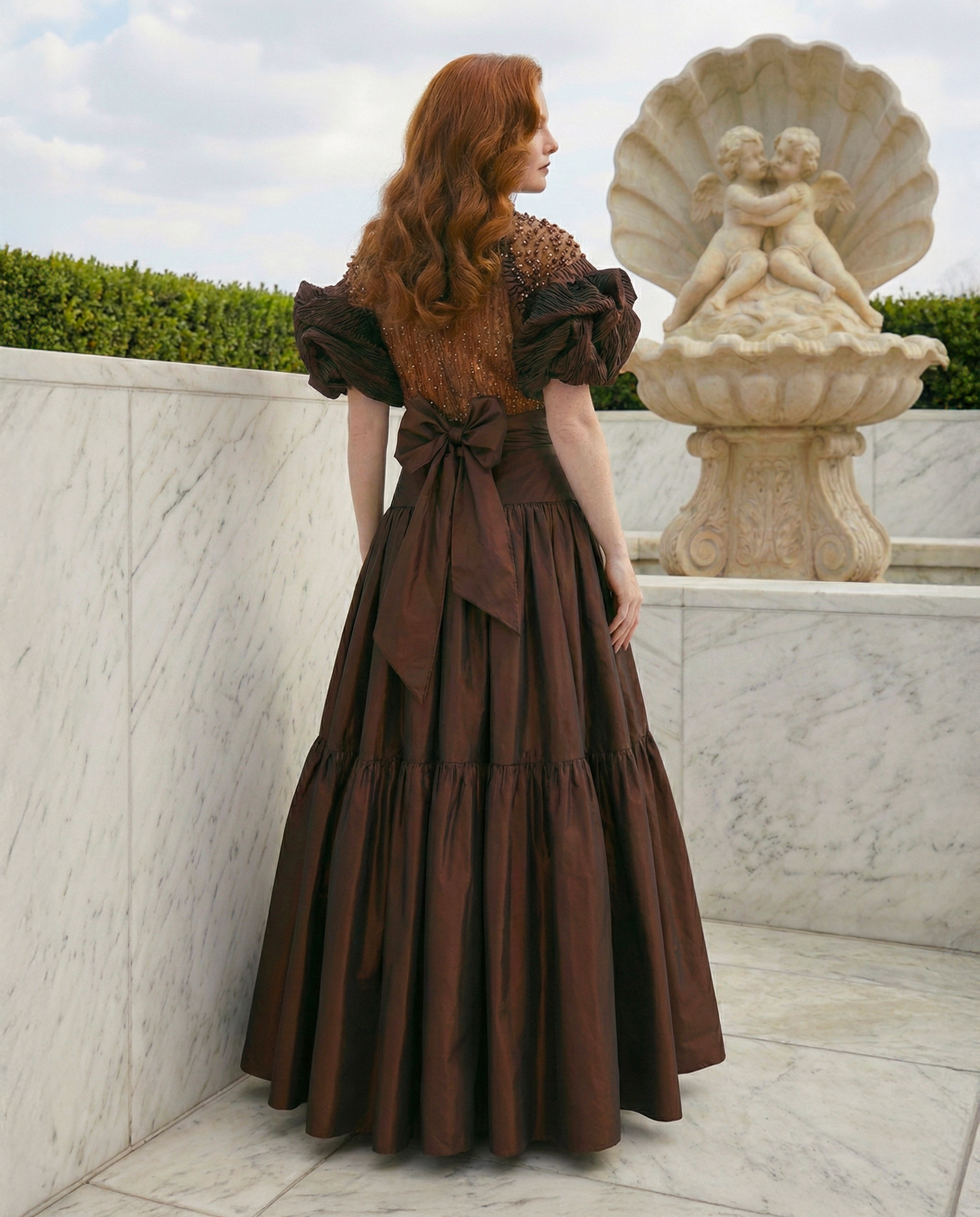 Li Beirut M1124A – High Neck Puff Sleeve Tiered Evening Gown | 5 Colors