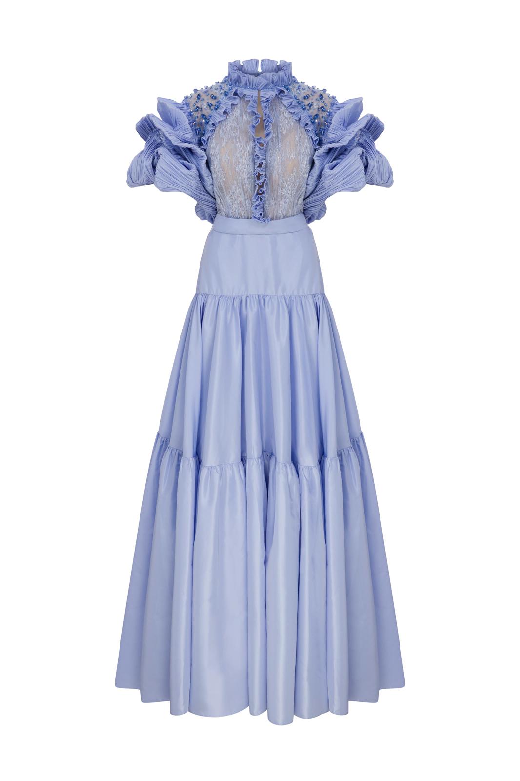 Li Beirut M1124A – High Neck Puff Sleeve Tiered Evening Gown | 5 Colors