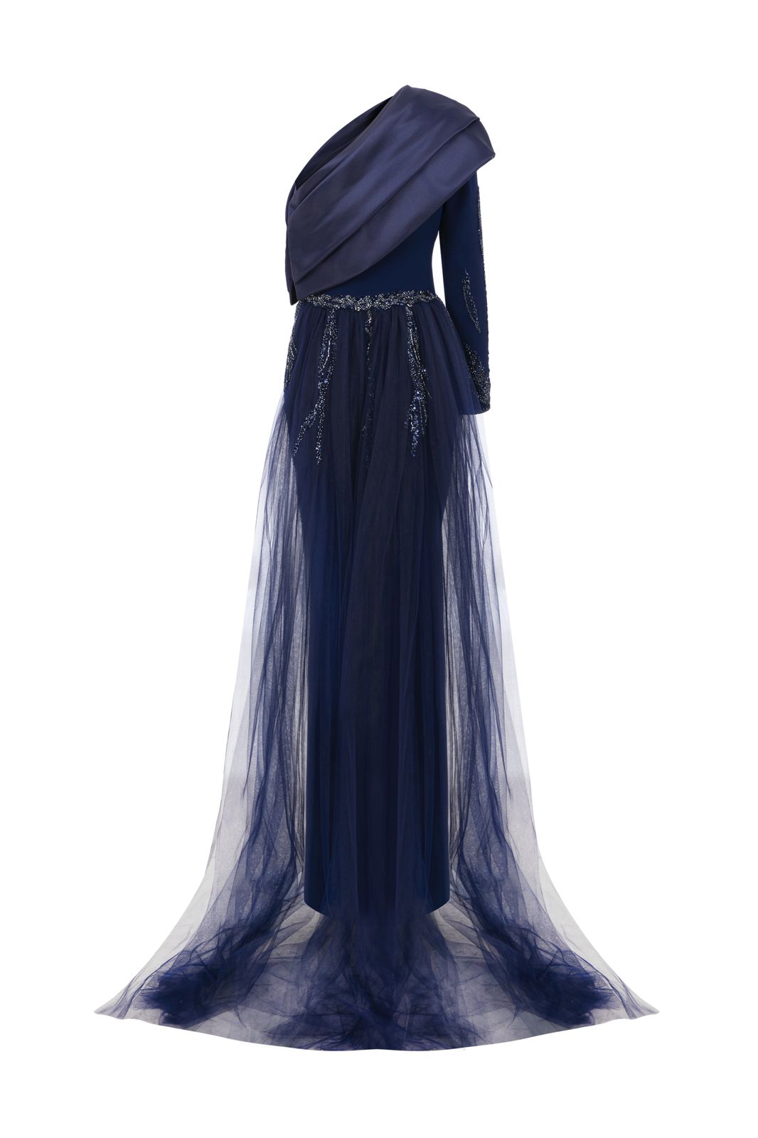 Li Beirut M1125 – One-Shoulder Long Sleeve Evening Gown with Tulle Overskirt