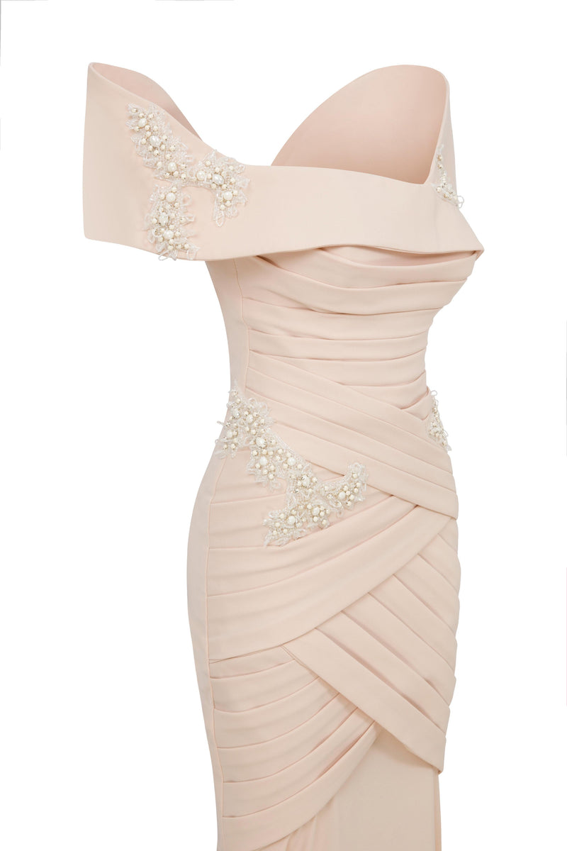 Li Beirut M1127 – Off-Shoulder Draped Mermaid Gown with Embellished Bodice