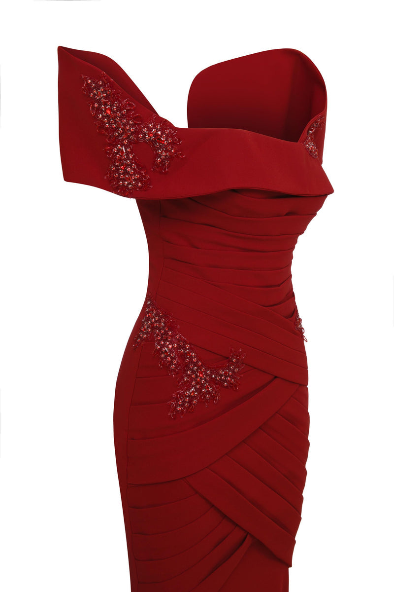 Li Beirut M1127 – Off-Shoulder Draped Mermaid Gown with Embellished Bodice