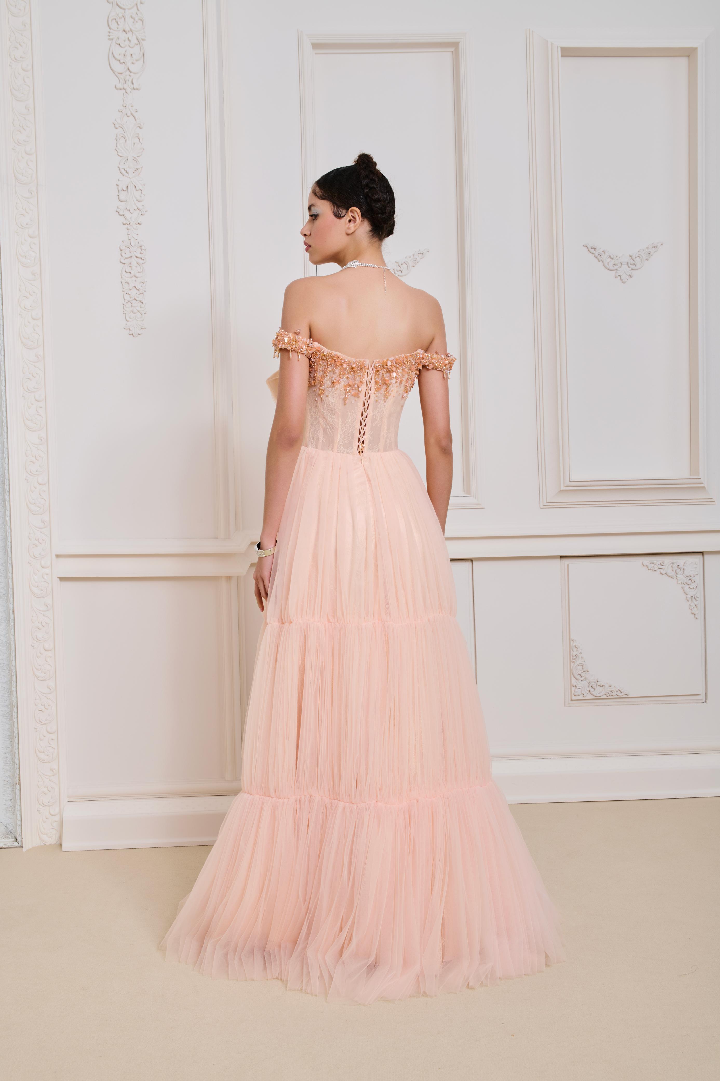 Li Beirut M1128 – Off-Shoulder Floral Tulle Evening Gown with Corset Back