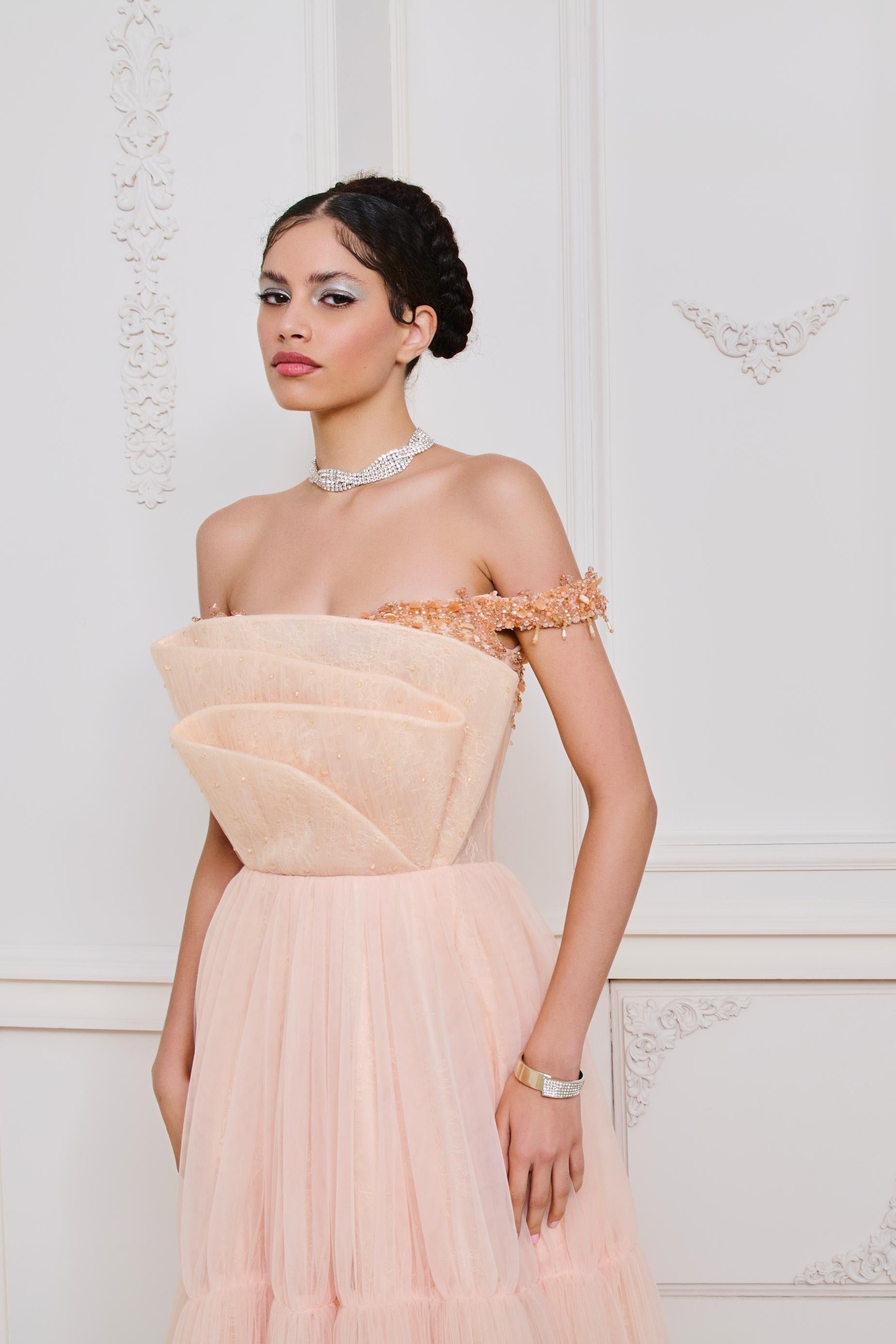 Li Beirut M1128 – Off-Shoulder Floral Tulle Evening Gown with Corset Back