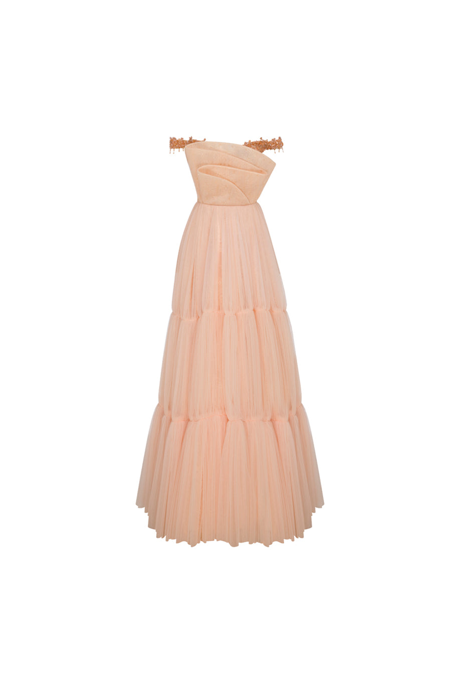 Li Beirut M1128 – Off-Shoulder Floral Tulle Evening Gown with Corset Back