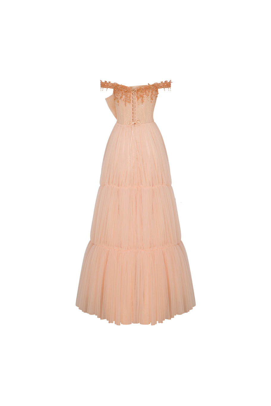 Li Beirut M1128 – Off-Shoulder Floral Tulle Evening Gown with Corset Back