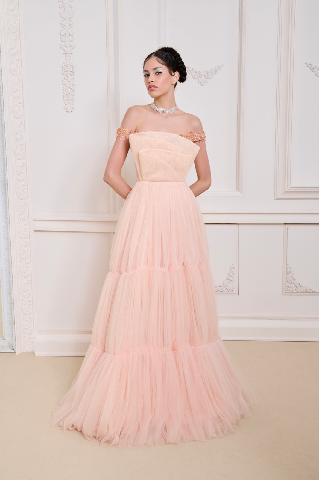 Li Beirut M1128 – Off-Shoulder Floral Tulle Evening Gown with Corset Back