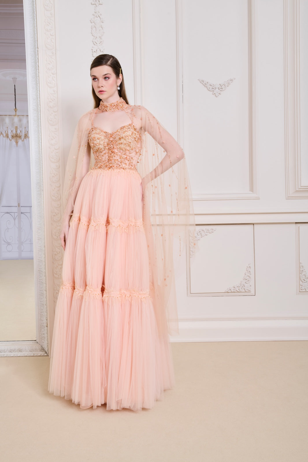 Li Beirut M1129 – Blush Beaded Sweetheart Gown with Illusion Cape & Tulle Skirt