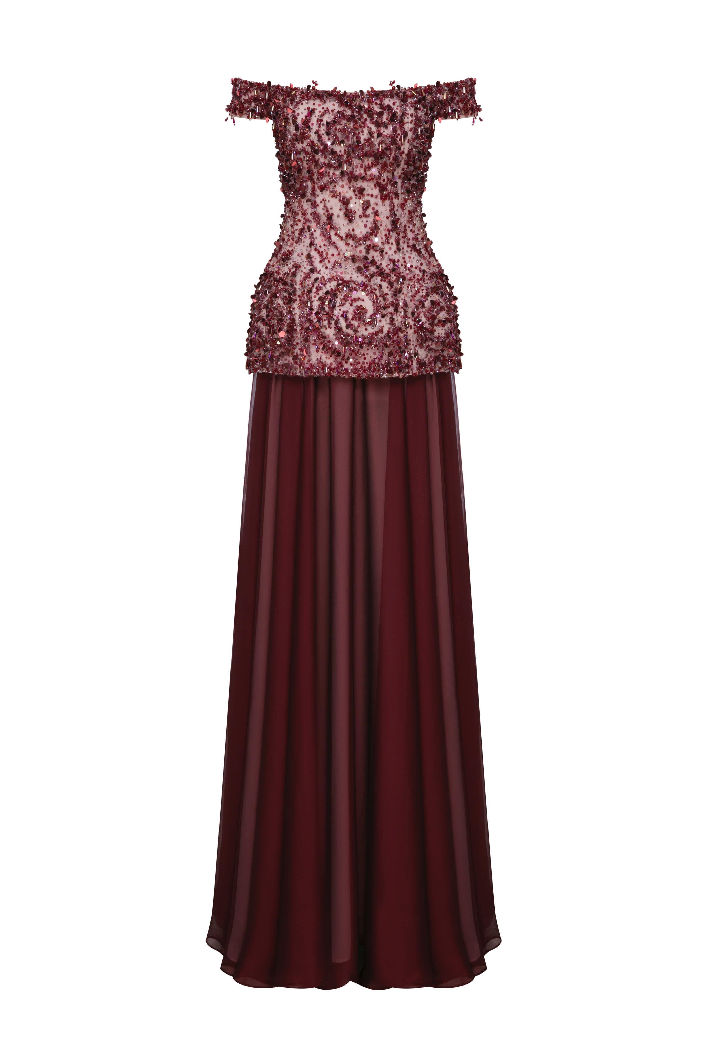 Li Beirut M1133 – Burgundy Off-Shoulder Beaded Evening Gown with Chiffon Skirt