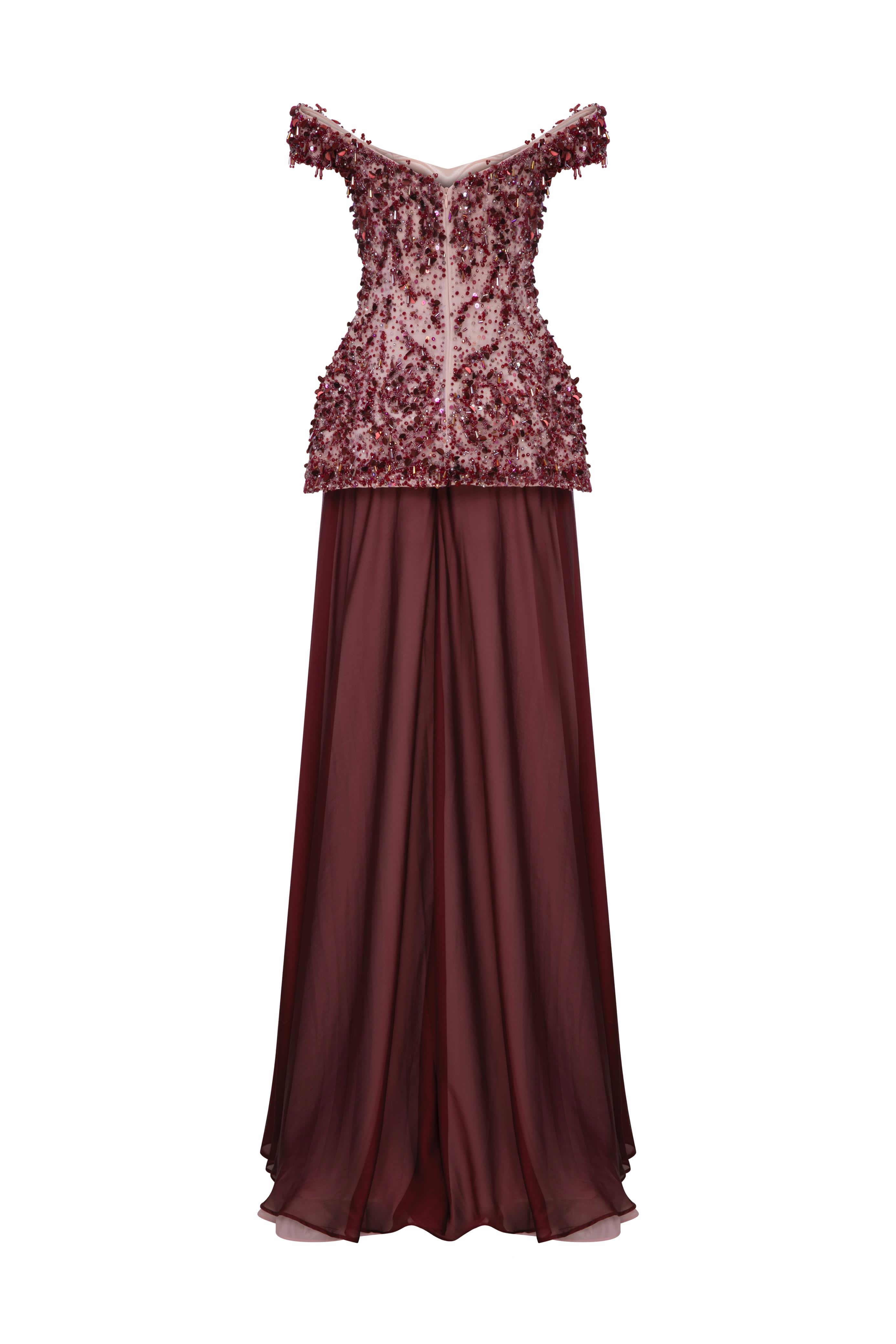 Li Beirut M1133 – Burgundy Off-Shoulder Beaded Evening Gown with Chiffon Skirt