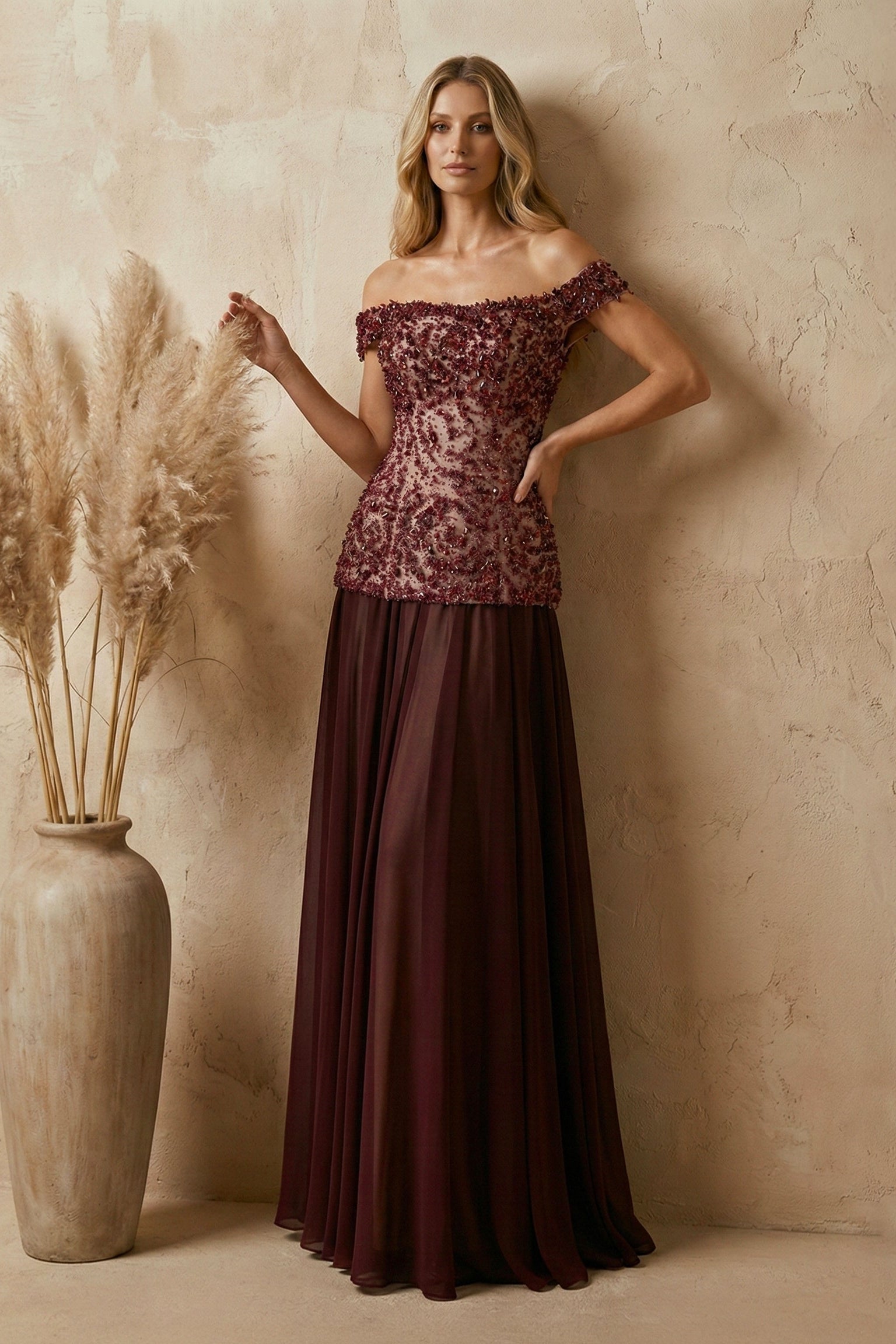 Li Beirut M1133 – Burgundy Off-Shoulder Beaded Evening Gown with Chiffon Skirt