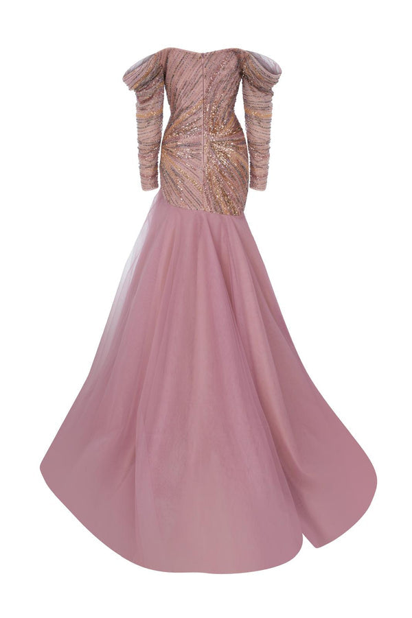 Li Beirut M1135 – Blush Pink Off-Shoulder Beaded Gown with Draped Sleeves & Layered Tulle Skirt