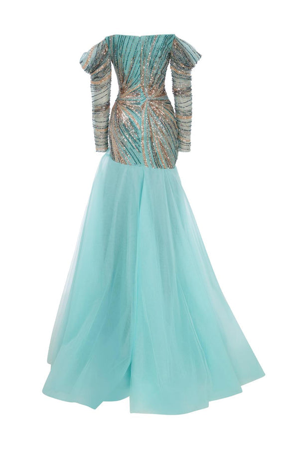 Li Beirut M1135 – Blush Pink Off-Shoulder Beaded Gown with Draped Sleeves & Layered Tulle Skirt