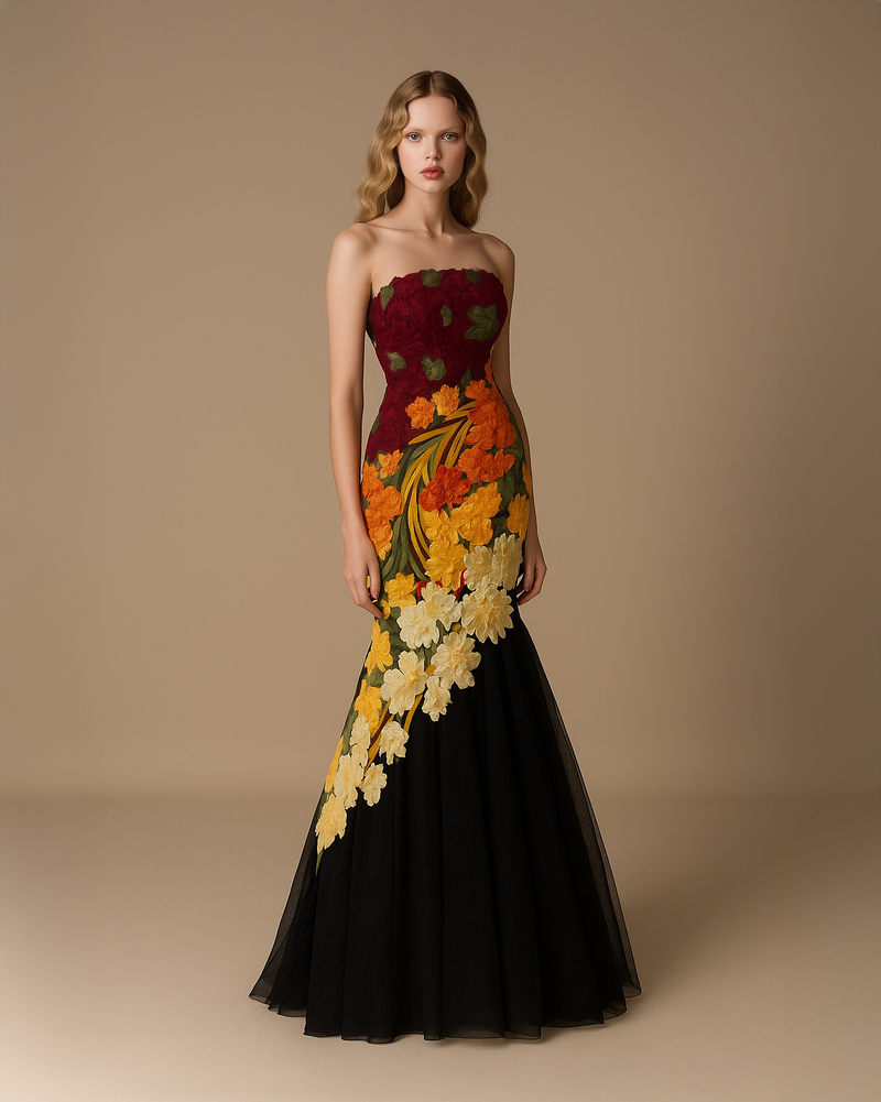 Li Beirut M1136 – Black Strapless Mermaid Gown with 3D Floral Embroidery