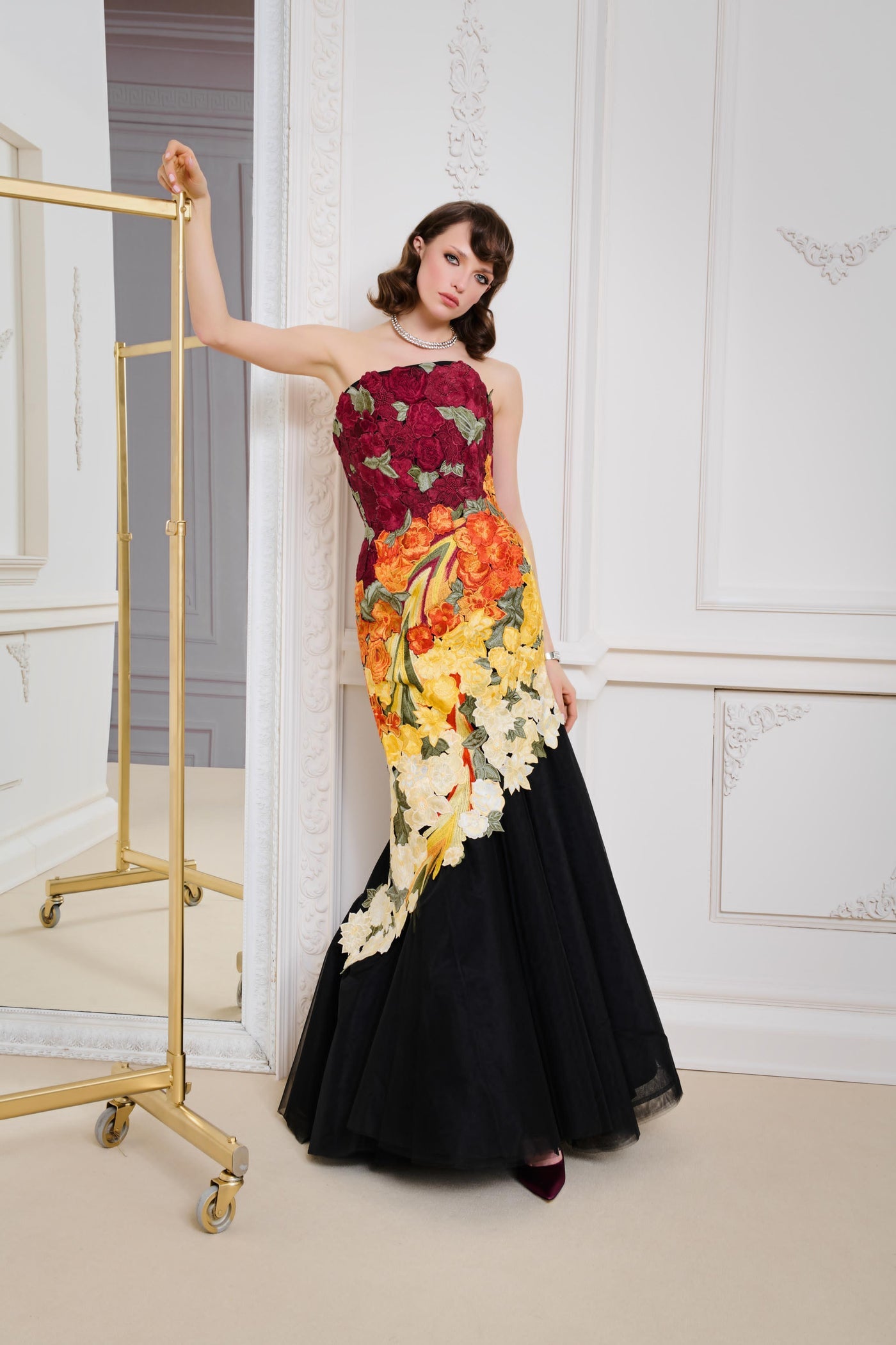 Li Beirut M1136 – Black Strapless Mermaid Gown with 3D Floral Embroidery